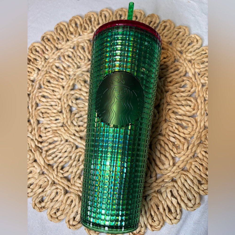 Starbucks Iridescent Green Tumbler with Pink Accent